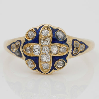 Victorian Antique Royal Blue Enamel and Old Mine Cut Diamond Cross Cluster Ring