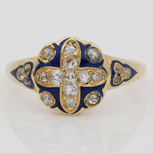 Victorian Antique Royal Blue Enamel and Old Mine Cut Diamond Cross Cluster Ring