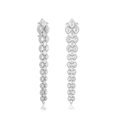Contemporary Rose Cut Diamond Drop Earrings; set with rose-cut diamonds and round brilliant-cut diamonds in a tiered design, 17.20 carat total. Handcrafted from lightly hammered 18ct white gold