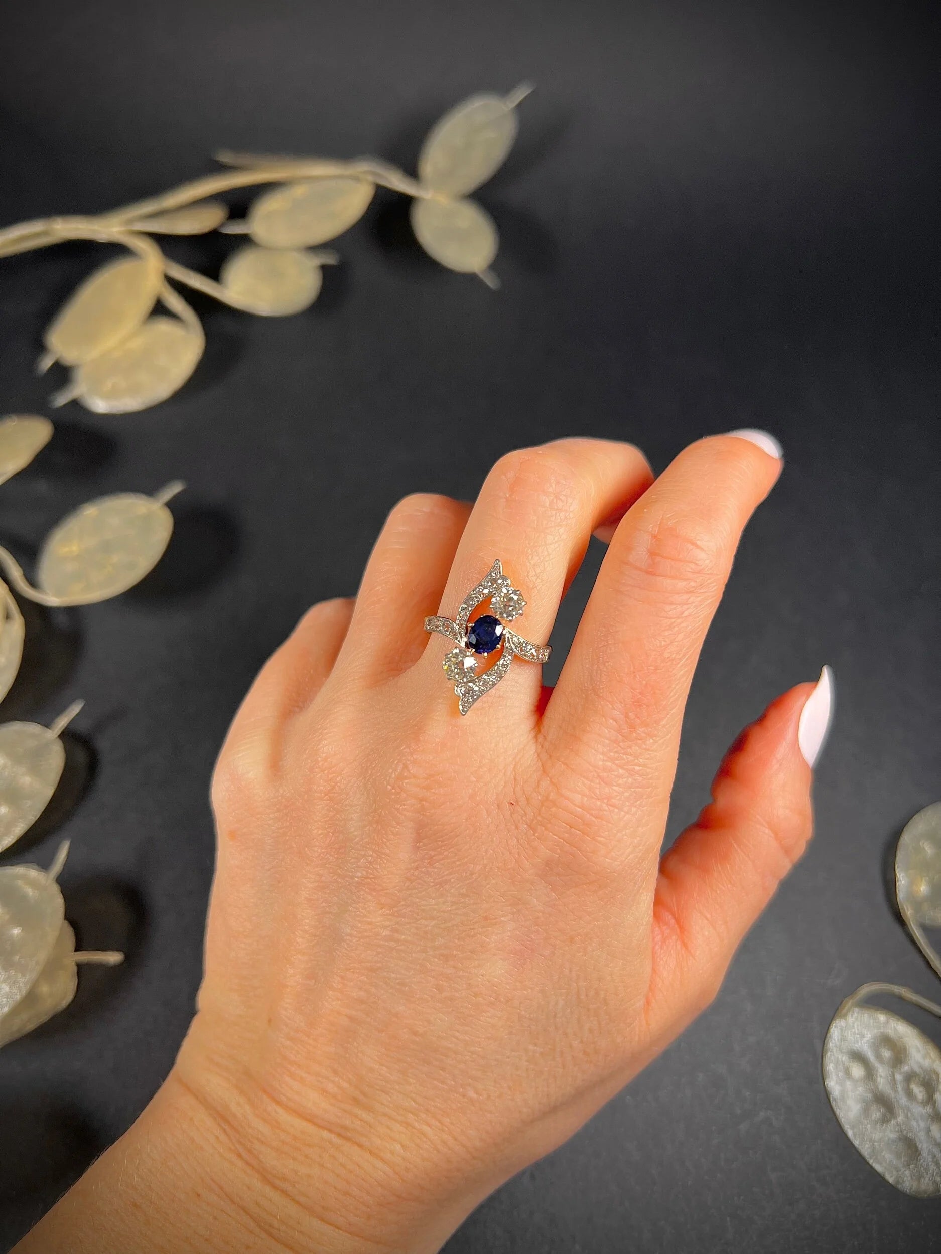 Victorian 18 Carat Yellow Gold Sapphire and Diamond Marquise/Navette Ring, Circa 1880