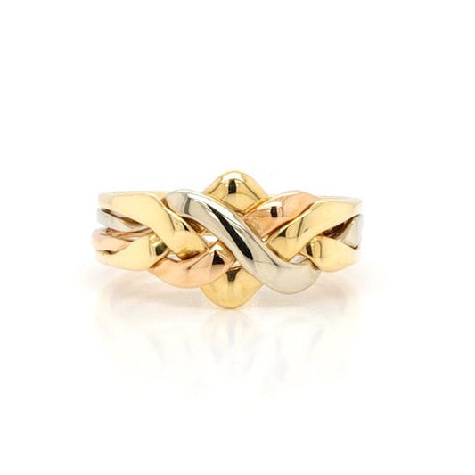 Vintage Puzzle Ring in 9ct Gold; A classic vintage tri-colour puzzle ring crafted from 9ct yellow, rose and white gold. Ring size: W 1/2.