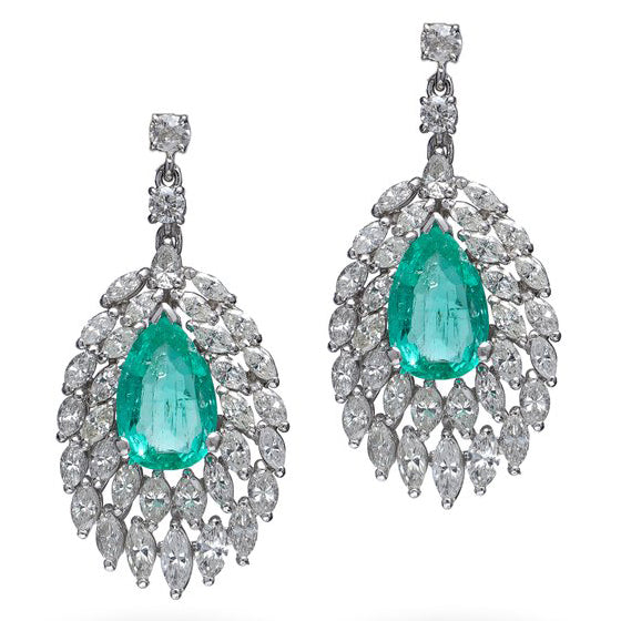 4.6ct Colombian Emerald and Marquise Diamond Cluster Drop Earrings