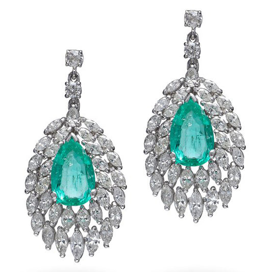 4.6ct Colombian Emerald and Marquise Diamond Cluster Drop Earrings