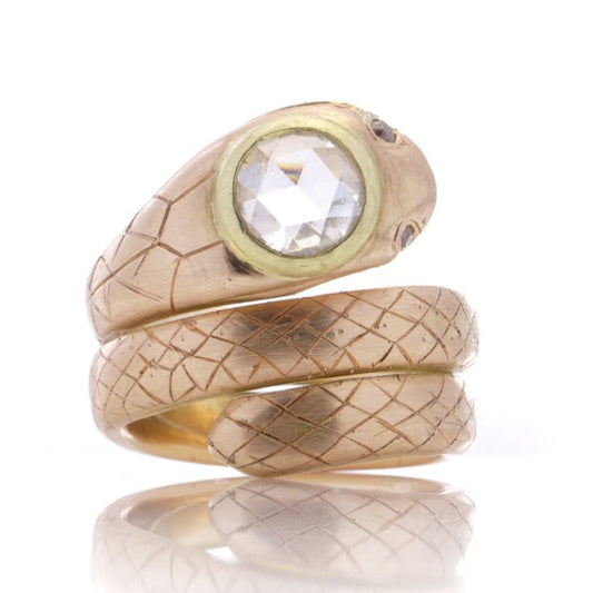 Antique 18ct Yellow Gold Coiled Snake Ring with 1.90ct Rose Cut Diamond