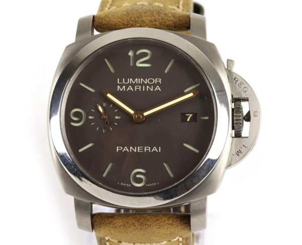 Panerai Luminor Marina Titanium 44mm Automatic; black dial, subsidiary seconds dial, date aperture at 3 o'clock, sapphire crystal glass, with luminous hands and Arabic/baton hour markers, on Panerai light brown leather strap with titanium buckle, with Panerai box and paperwork
