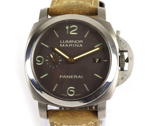 Panerai Luminor Marina Titanium 44mm Automatic; black dial, subsidiary seconds dial, date aperture at 3 o'clock, sapphire crystal glass, with luminous hands and Arabic/baton hour markers, on Panerai light brown leather strap with titanium buckle, with Panerai box and paperwork