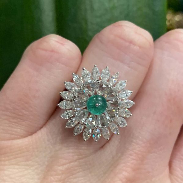 Emerald and Diamond Floral Cluster Dress Ring, 4.52 carat total