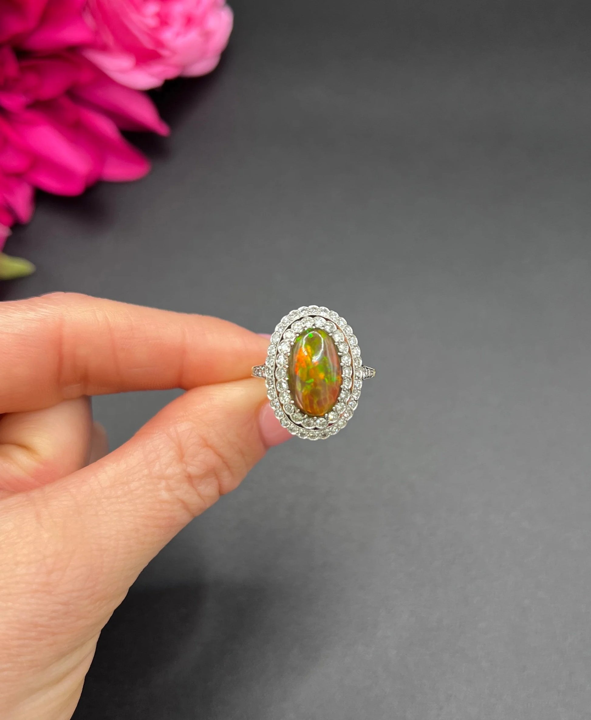 Vintage 18 Carat Gold, Platinum, Black Opal and Diamond Oval Cluster Ring