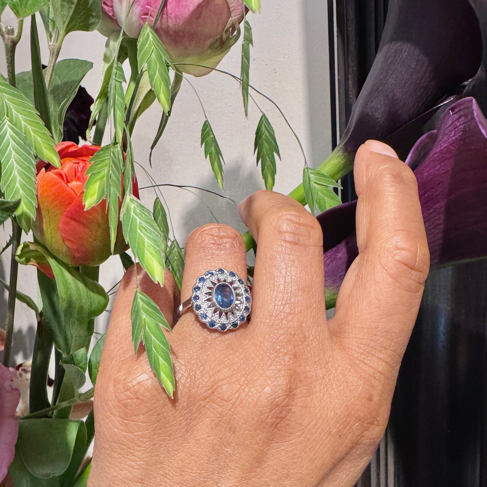 Art Deco Inspired Sapphire and Diamond Cluster Dress Ring