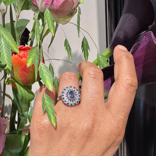 Art Deco Inspired Sapphire and Diamond Cluster Dress Ring