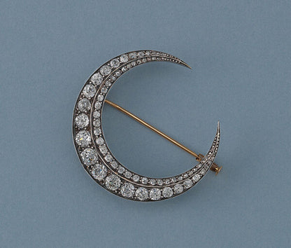 Antique Victorian 4.95ct Diamond Crescent Brooch; 50 cushion and rose-cut diamonds set in silver and 18ct gold, original fitted case, Circa 1890