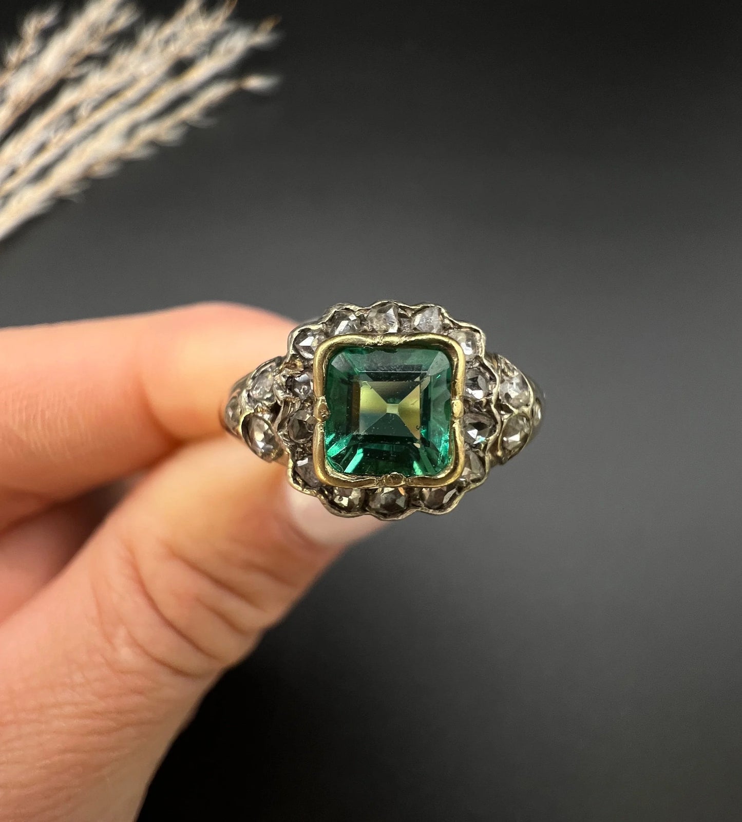 Victorian 18 Carat Yellow Gold Emerald and Diamond Square Cluster Ring, Circa 1860