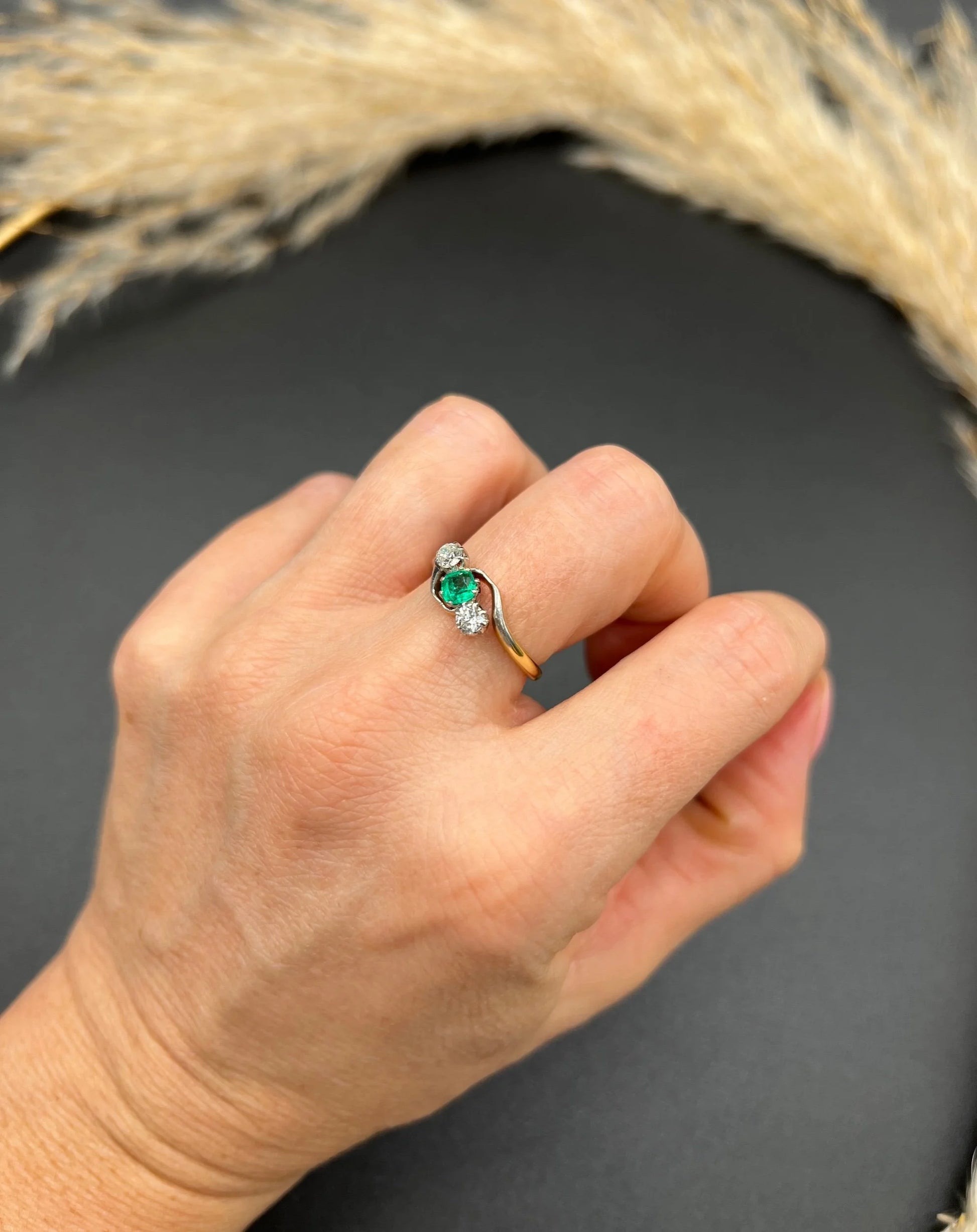 Antique 18 ct Gold And Platinum 1920's Emerald And Diamond Crossover Trilogy Engagement Ring