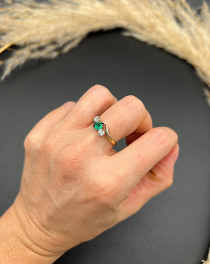 Antique 18 ct Gold And Platinum 1920's Emerald And Diamond Crossover Trilogy Engagement Ring