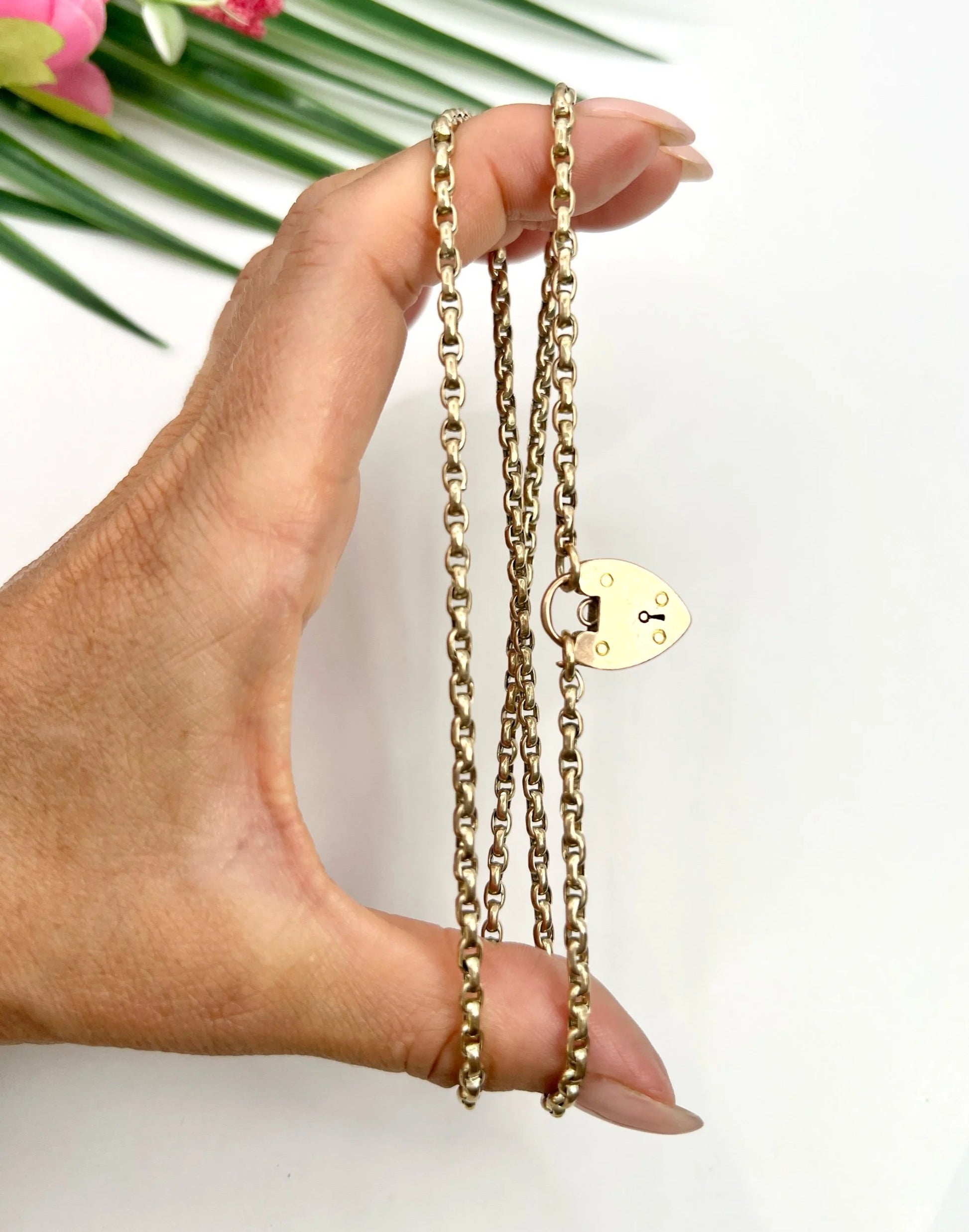 Antique 9 ct Rose Gold Oval Faceted Belcher Link Chain With Heart Padlock Clasp