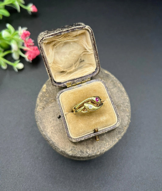 Vintage 14 Carat Yellow Gold Ruby and Diamond Double Headed Snake Ring, Circa 1930