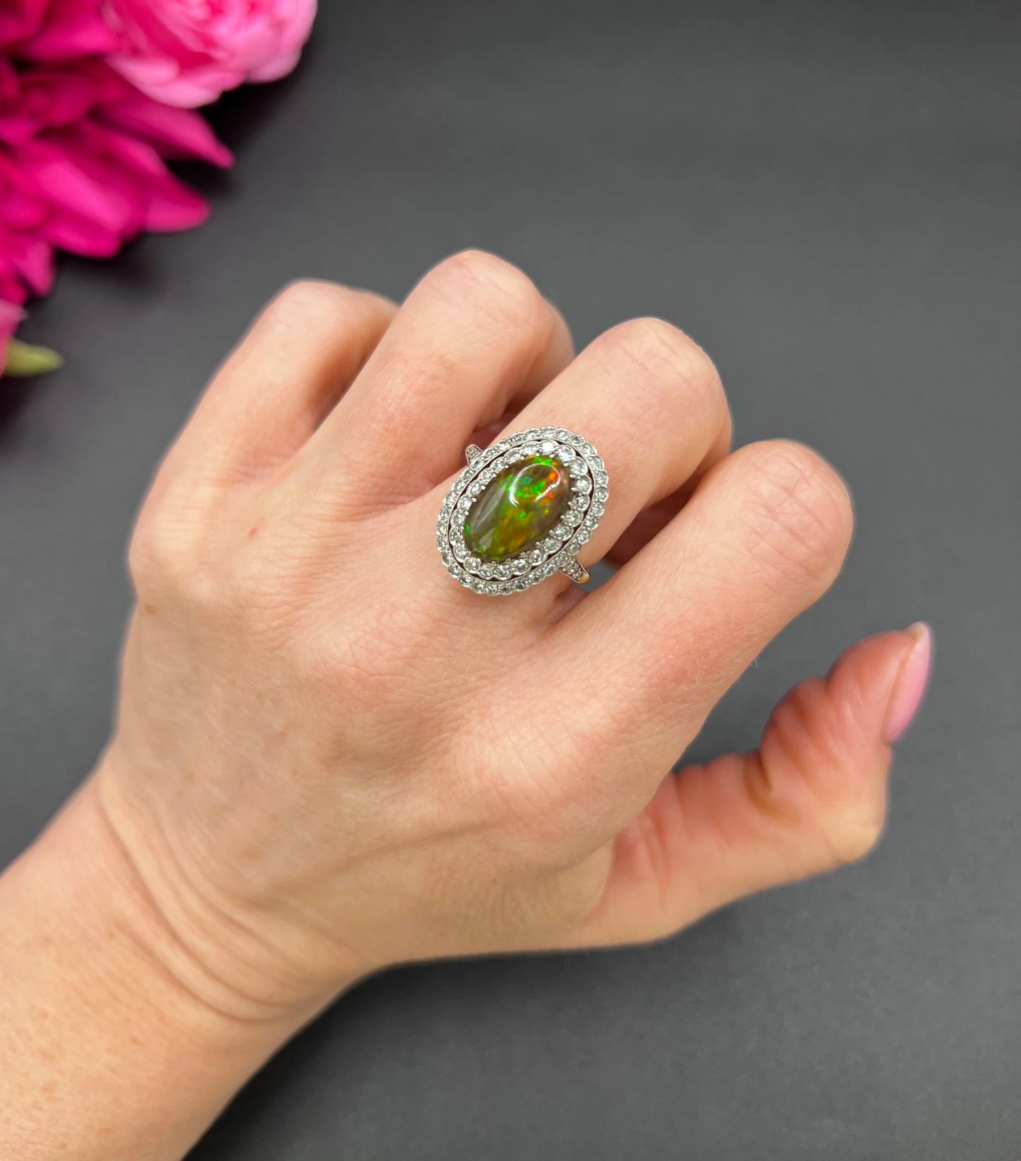 Vintage 18 Carat Gold, Platinum, Black Opal and Diamond Oval Cluster Ring