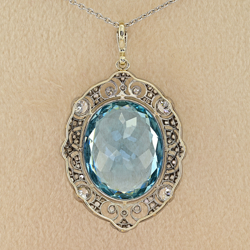 Edwardian Belle Epoque Antique Natural 20.30ct Oval Aquamarine and Diamond Cluster Pendant in Platinum and 18ct Gold