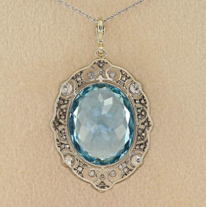 Edwardian Belle Epoque Antique Natural 20.30ct Oval Aquamarine and Diamond Cluster Pendant in Platinum and 18ct Gold