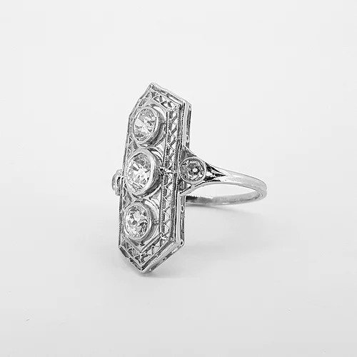 Belle Epoque Three Stone Diamond Plaque Ring in Platinum, 1.50 carats