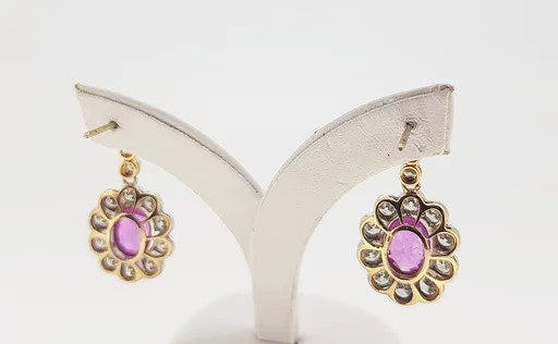 Pink Sapphire and Diamond Oval Cluster Drop Earrings in 18ct Gold