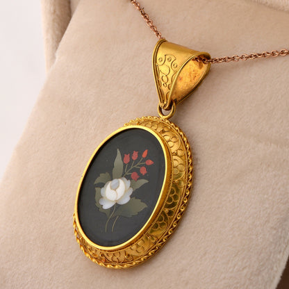 Victorian Antique Etruscan Revival Pietra Dura Flower Mosaic Pendant and Earring Set