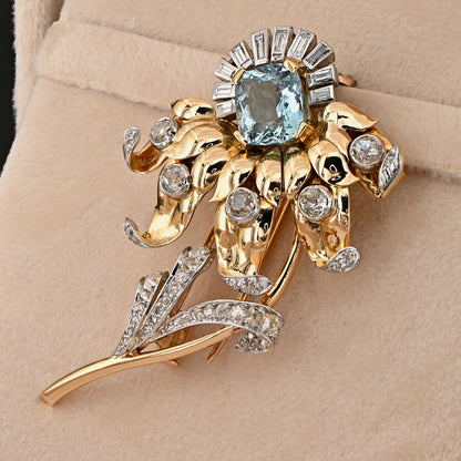 Vintage Retro 4.20ct Aquamarine Diamond Gold Platinum Floral Spray Brooch