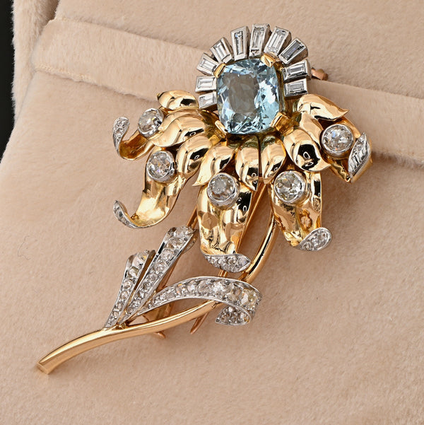 Vintage Retro 4.20ct Aquamarine Diamond Gold Platinum Floral Spray Brooch