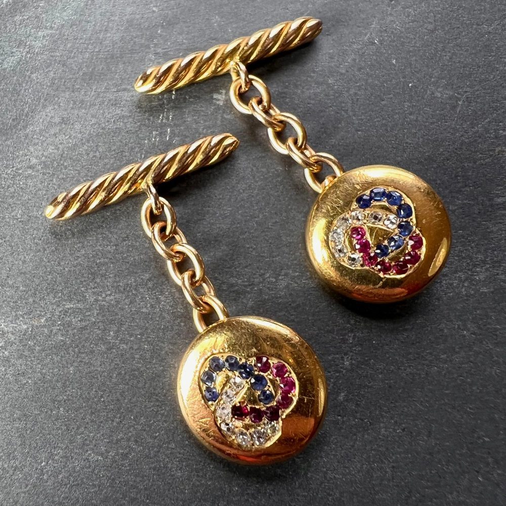 Ruby Sapphire Diamond Trefoil Gold Cufflinks