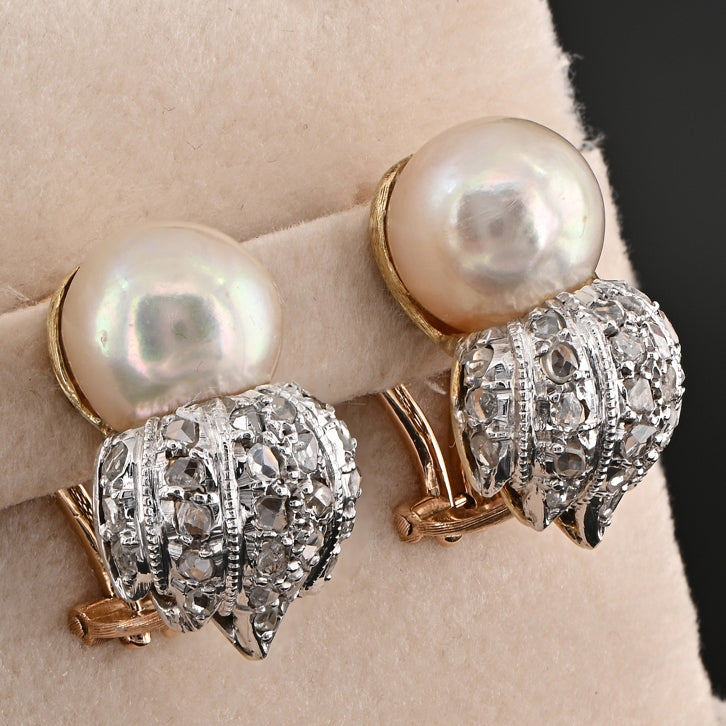 Vintage Buccellati Natural Pearl and Rose Cut Diamond Clip Earrings