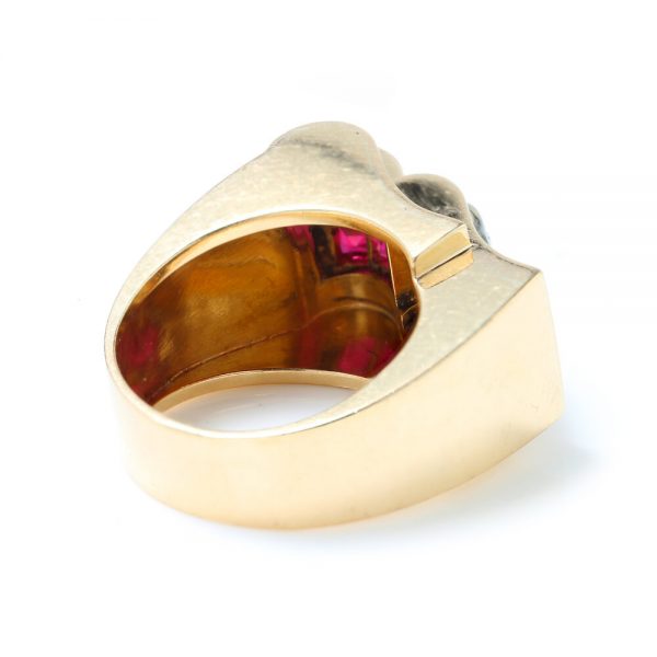 Antique French Ruby and Diamond Asymmetrical Dress Ring; set with 0.90cts princess-cut rubies and 0.45cts rose-cut diamonds over a fluid asymmetrical design, 19th century Circa 1890s