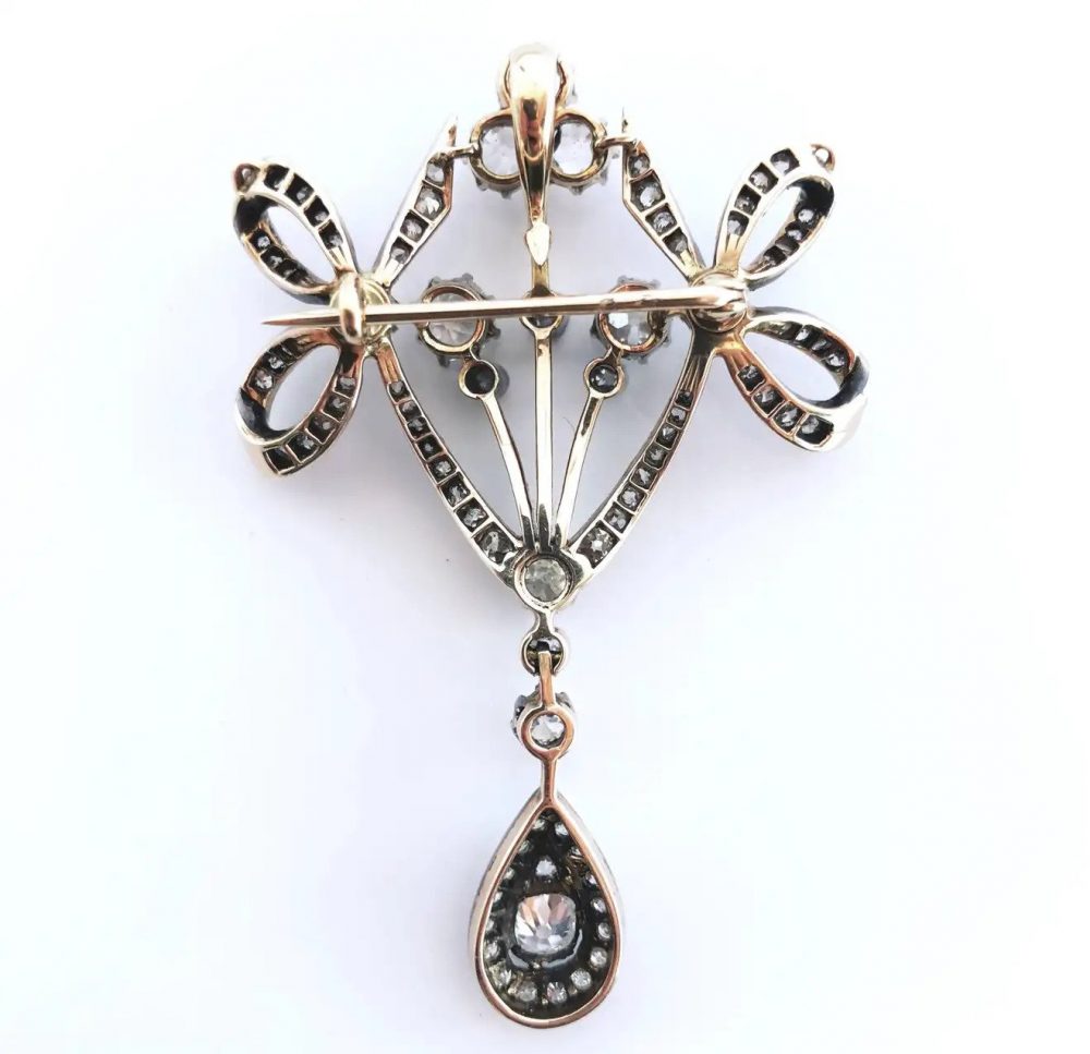 Antique Victorian 5ct Old Cut Diamond Bow Pendant Brooch