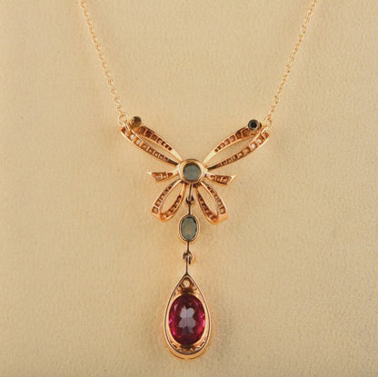 Edwardian Antique 4ct Red and Blue Tourmaline Diamond Bow Lavaliere Necklace
