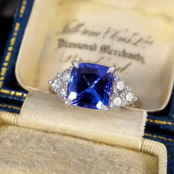 2.40ct Cushion Cut Tanzanite and Diamond Engagement Ring in Platinum