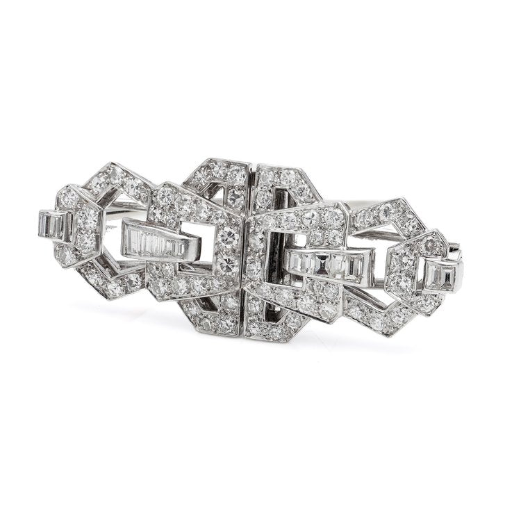 Vintage 1.84ct Brilliant and Baguette Diamond Double Clip Brooch in Platinum Circa 1940s