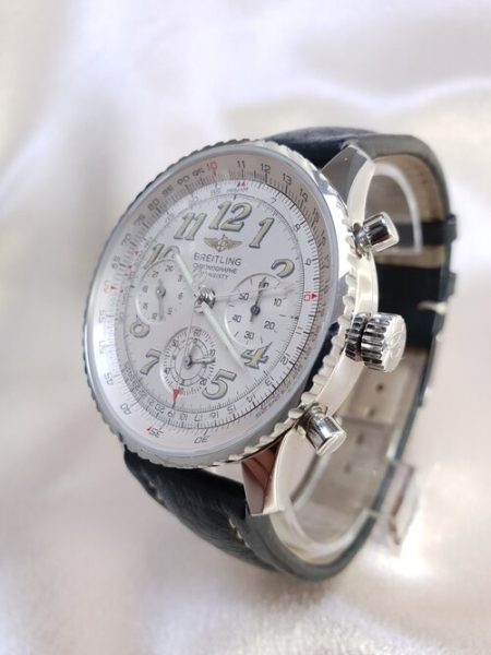 Breitling Navitimer Twin Sixty 41mm Stainless Steel Automatic Chronograph Watch, white dial, sapphire crystal, leather strap, Circa 2000s