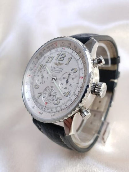 Breitling Navitimer Twin Sixty 41mm Stainless Steel Automatic Chronograph Watch, white dial, sapphire crystal, leather strap, Circa 2000s