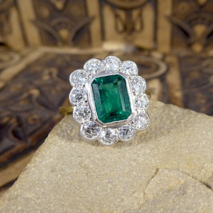 Emerald-Cut Emerald and Diamond Floral Cluster Ring, 2.75cts, 18ct Gold