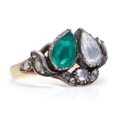 Georgian Antique 1ct Pear Cut Emerald and Diamond Toi et Moi Ring