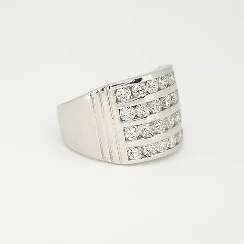 Channel Set Diamond Dress Ring; featuring four horizontal rows channel set with 2.00 carats brilliant cut diamonds, ribbed shoulders, in 18ct white gold
