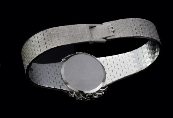 Vintage Omega Ladies 18ct White Gold and Diamond Set Manual Watch; ref 8195, with marquise-cut diamond set bezel, 1.00 carat total, in Omega box, Circa 1980s