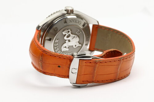 Omega Seamaster Planet Ocean 600M Orange Stainless Steel Automatic Watch, Ref 2908.50.38, 45.5mm steel case, black dial, unidirectional rotating diver's bezel, screw-down crown, helium-escape valve, orange Omega strap with stainless steel push-button deployment buckle, with Omega papers.