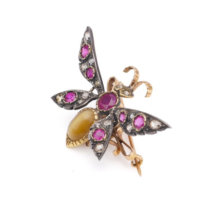 Antique Victorian Multi Gemstone En Tremblant Butterfly Brooch with cabochon chatoyant cat's eye chrysoberyl, diamonds, Burma ruby and pink sapphires