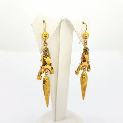 Antique Victorian Turquoise and Gold Escutcheon Drop Earrings