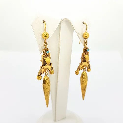 Antique Victorian Turquoise and Gold Escutcheon Drop Earrings