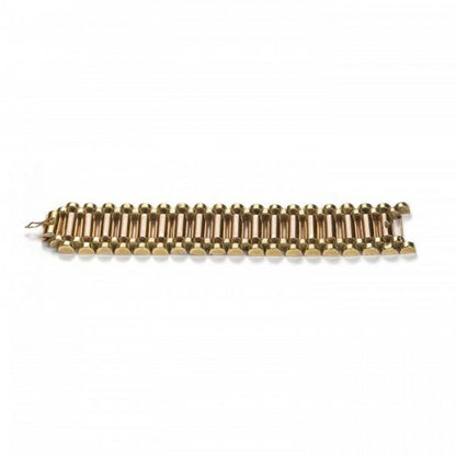 Vintage 1940s Two Tone 18ct Gold Bracelet; central row of 18ct rose gold cylindrical links flanked by 18ct yellow gold cylindrical brick-style links to either side
