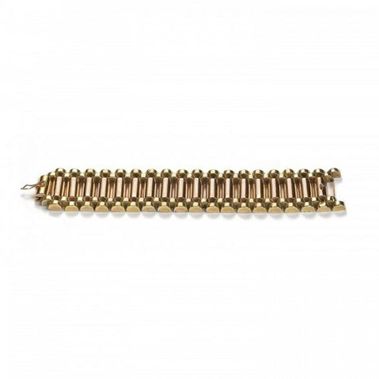 Vintage 1940s Two Tone 18ct Gold Bracelet; central row of 18ct rose gold cylindrical links flanked by 18ct yellow gold cylindrical brick-style links to either side