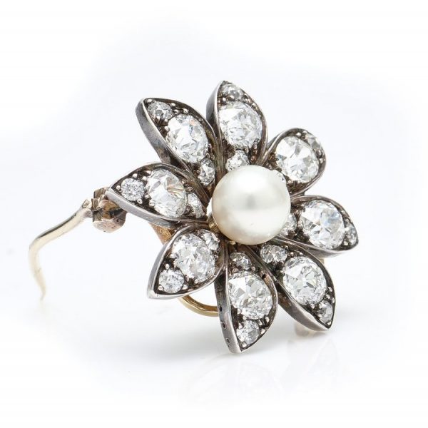 Antique Victorian Freshwater Pearl and Old Cut Diamond Flower Brooch Pendant, 3.28 carats