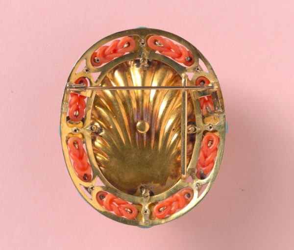 18th Century Carved Coral Cameo Brooch of Bacchante, a follower of Bacchus, framed by carved coral knots, rose-cut diamond ribbons and carved coral flowers