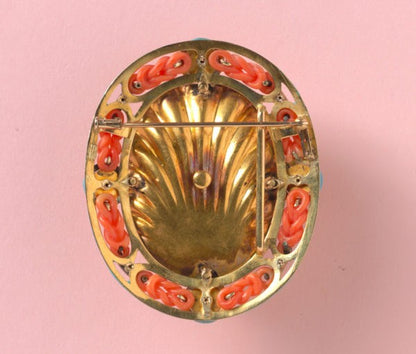 18th Century Carved Coral Cameo Brooch of Bacchante, a follower of Bacchus, framed by carved coral knots, rose-cut diamond ribbons and carved coral flowers